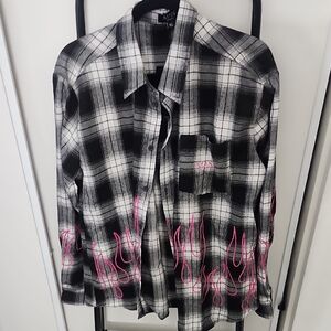 Boohoo Black and White Check Shirt with Pink Flame